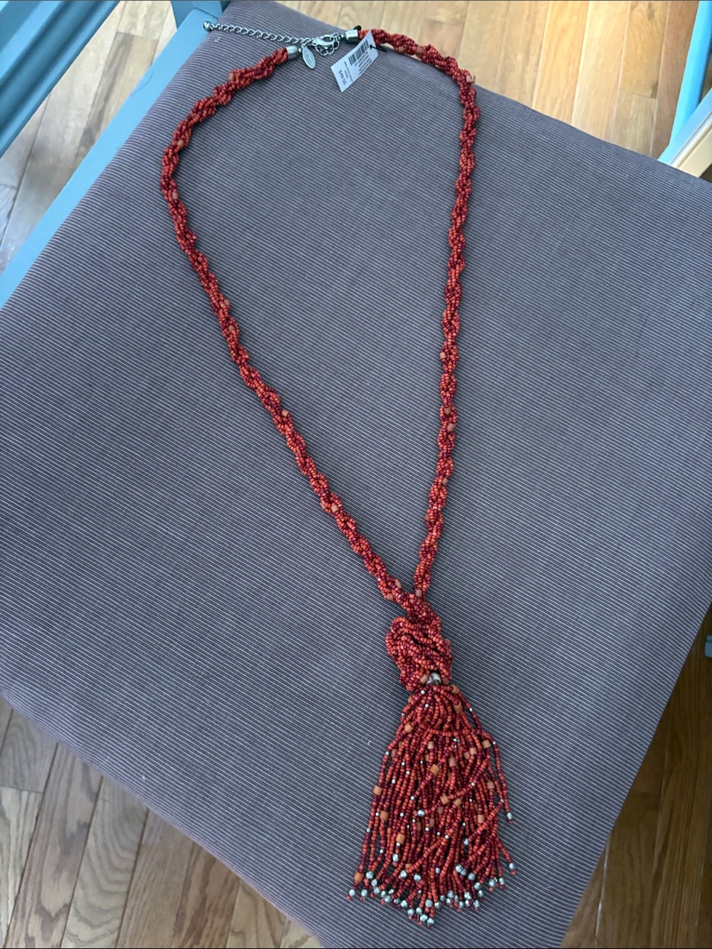 Chico's Red Beaded Malvina Knot Tassel Necklace